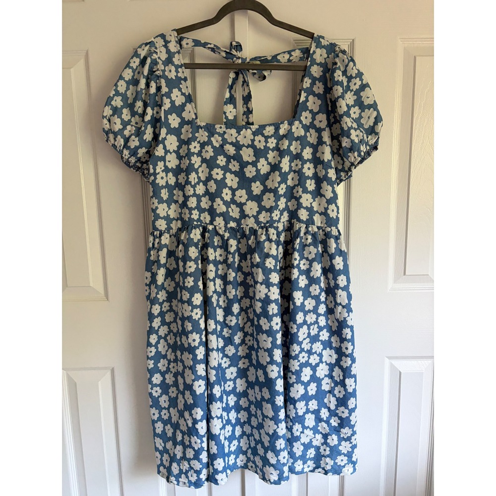 Baltic Born McKell Mini Dress 1XL Blue Floral Puff Sleeve Cottagecore Boho Retro
